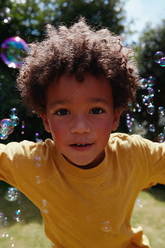Portrait of Child in Yellow Shirt With Bubbles Outdoors