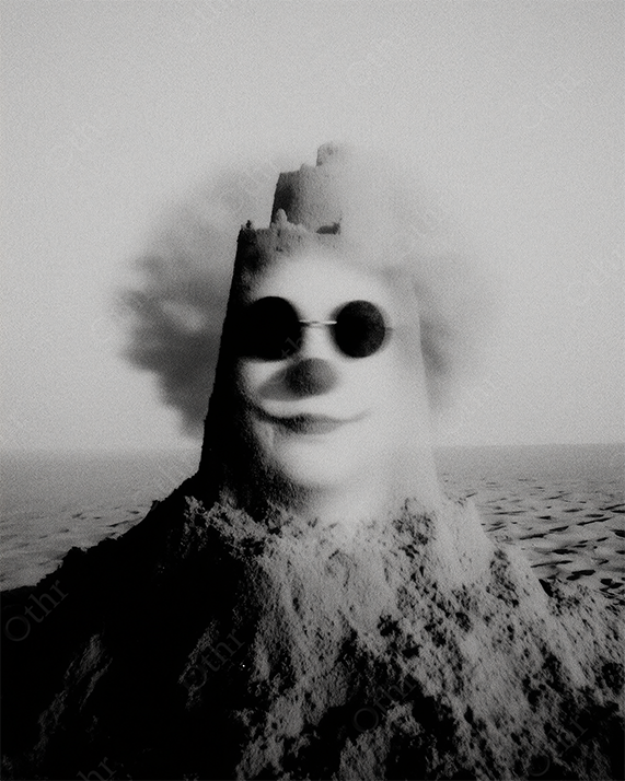 Sandcastle with Clown Face and Sunglasses on a Beach in Black and White
