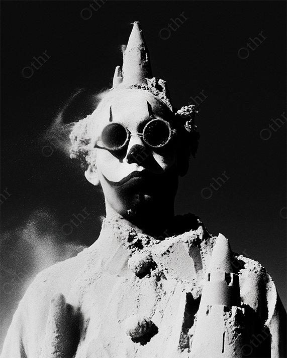Clown Figure with Sandcastle Headpiece and Sunglasses in Harsh Lighting – Monochrome