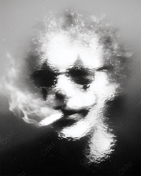 Distorted Clown Face with Sunglasses and Cigarette Viewed Through Rippling Glass – Black and White
