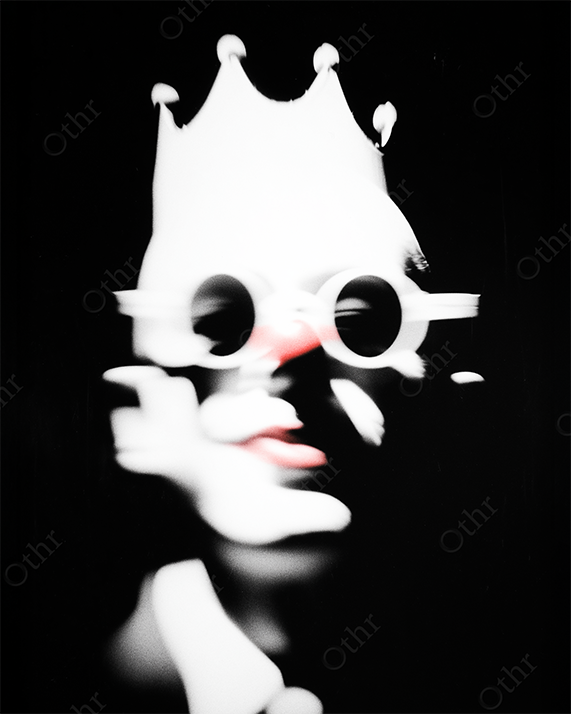 Blurred Clown Wearing Crown and Round Sunglasses with Red Nose and Lips Against Black Background