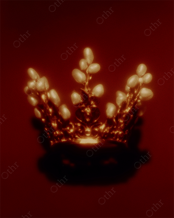 Glowing Ornate Crown with Pearl-Like Adornments on Red Background – Soft Focus