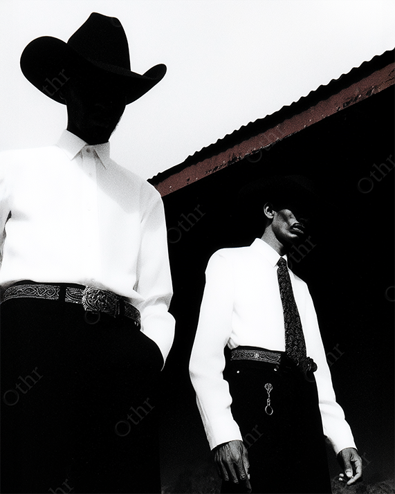 Two Men in Cowboy Hats and White Shirts Standing Beside Red-Tiled Roof – Stylised Monochrome