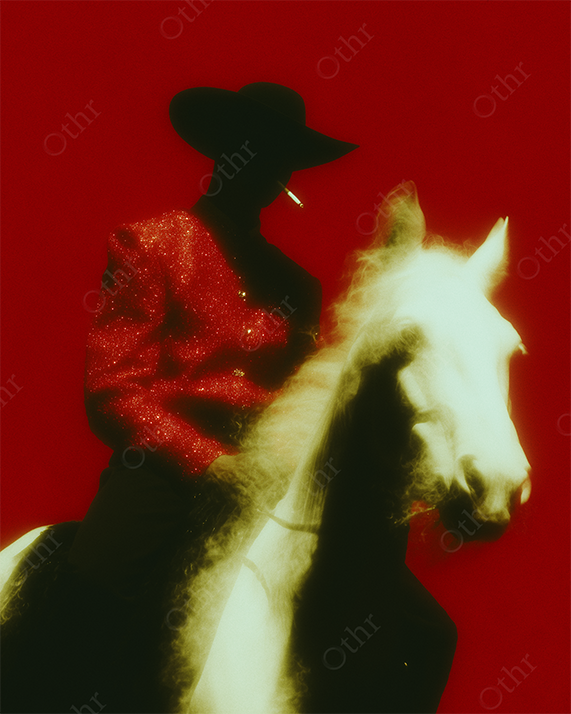 Silhouetted Figure in Sparkling Jacket on White Horse Against Red Background – Cinematic Glow