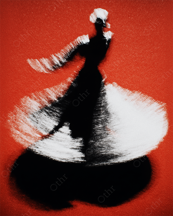 Abstract Silhouette of Woman Twirling in Flowing Skirt on Red Background