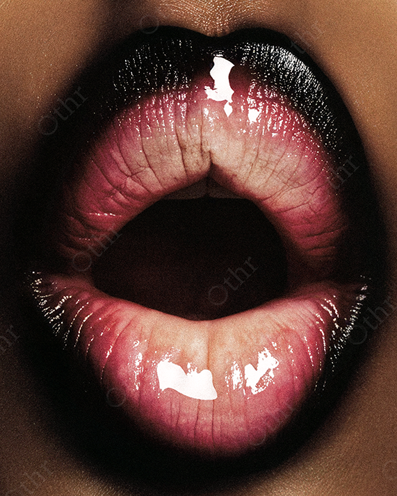 Glossy Pink and Black Lips in Close-Up with Open Mouth