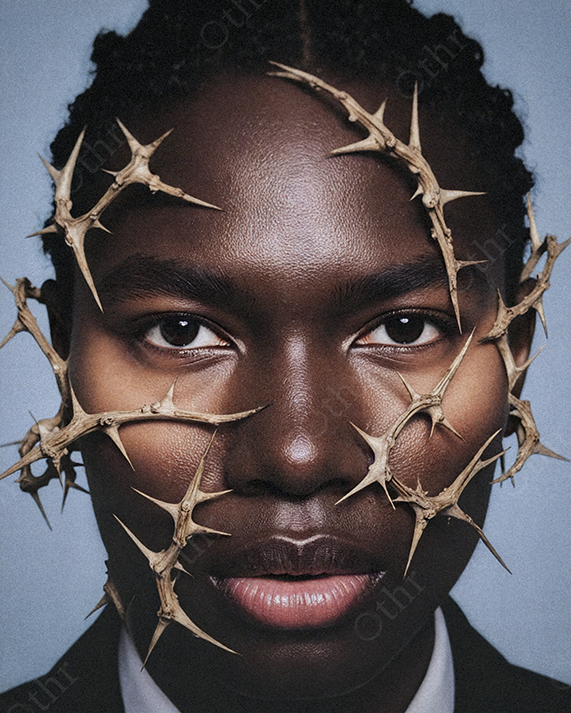 Portrait of Man with Thorny Branches Arranged on Face