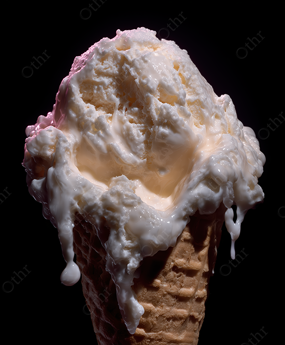 Melting Vanilla Ice Cream Cone on Dark Background