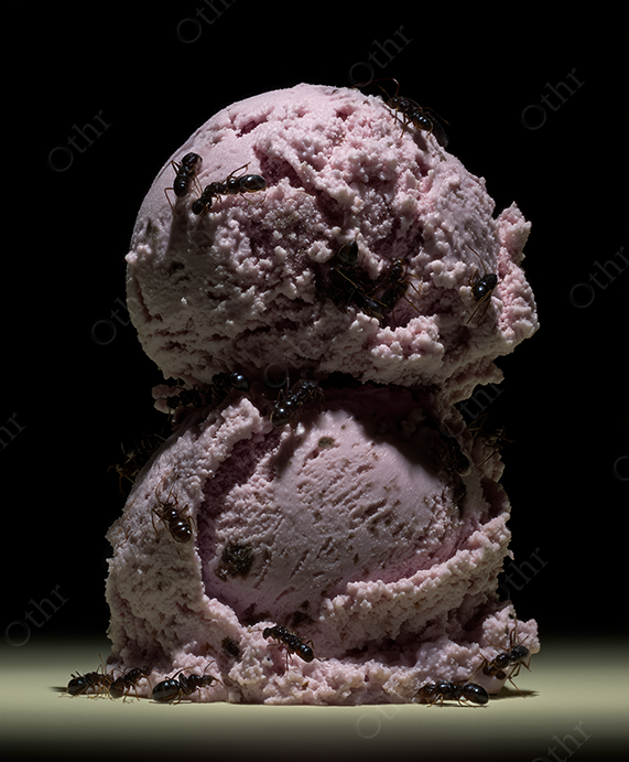 Two Scoops of Pink Ice Cream Covered with Ants on Dark Background