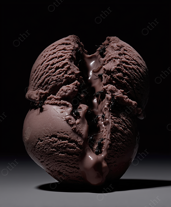 Chocolate Ice Cream Scoops with Ants in Central Crevice on Dark Background