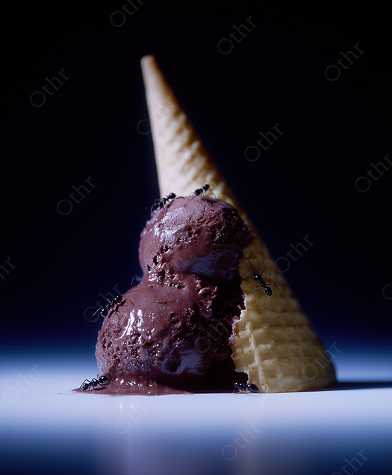 Chocolate Ice Cream with Ants and Upside-Down Cone on Blue Gradient Background