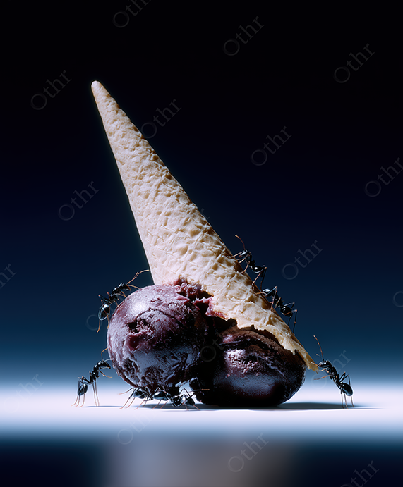 Dark Chocolate Ice Cream with Ants and Upside-Down Cone on Blue Gradient Background
