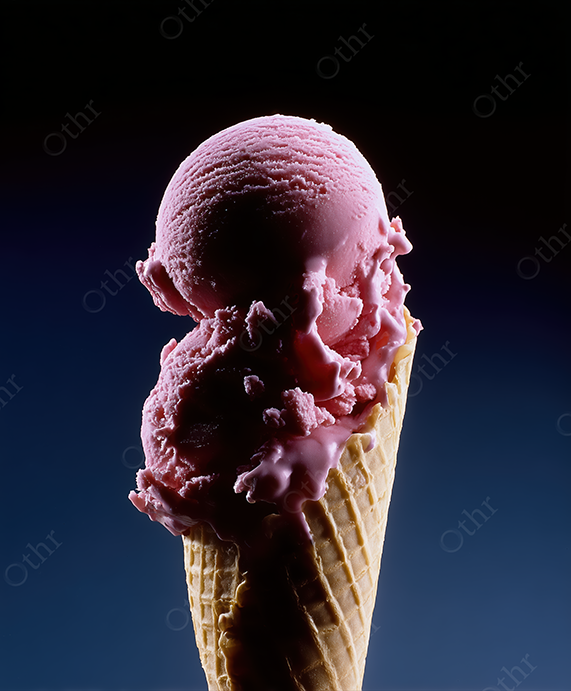 Strawberry Ice Cream Cone on Blue Gradient Background