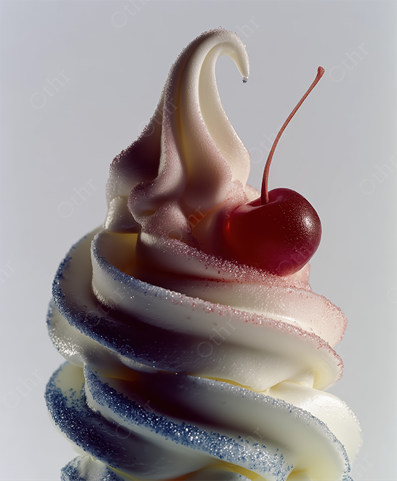 Vanilla Soft Serve Ice Cream with Red Cherry and Blue Sugar on Light Background