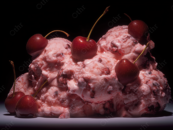 Strawberry Ice Cream Scoops with Cherries on Dark Background