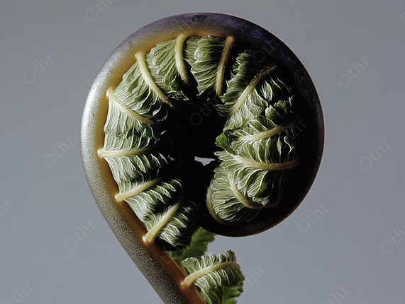 Close-Up of Unfurling Green Fern on Grey Background