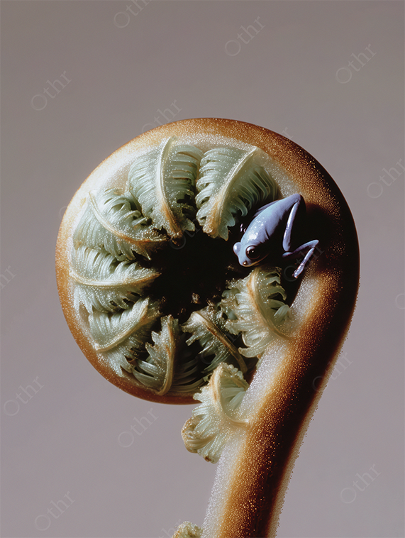 Close-Up of Unfurling Green Fern with a Frog on Grey Background