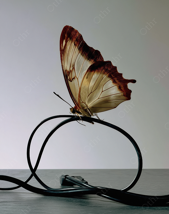 Butterfly Perched on Black Cable Loop Against Gradient Background