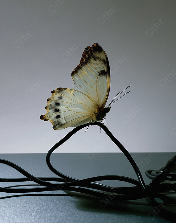 Butterfly with Light Wings Perched on Black Cables Against Gradient Background
