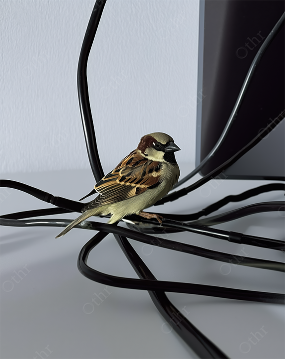 House Sparrow Standing on Black Cables Indoors