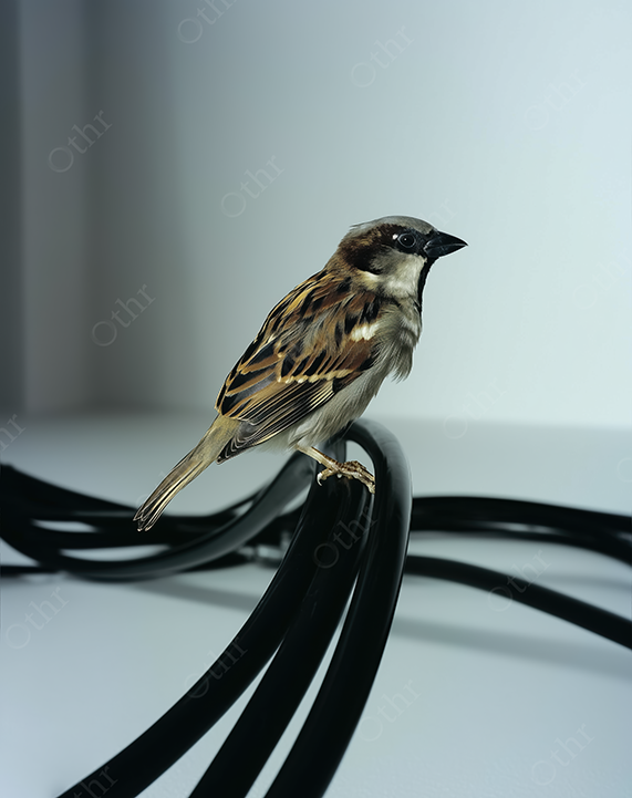 House Sparrow Perched on Curved Black Cable Indoors
