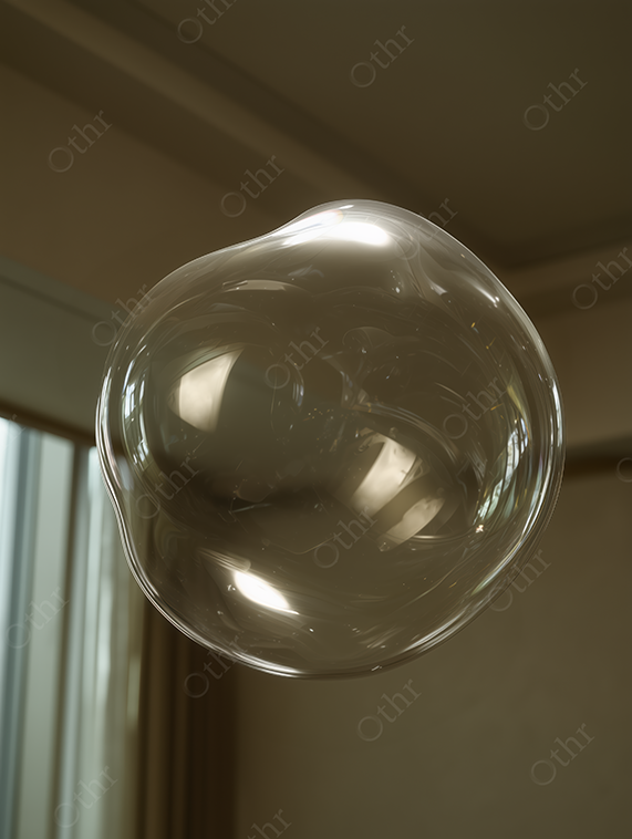 Transparent Soap Bubble Floating Indoors With Reflected Ceiling Lights