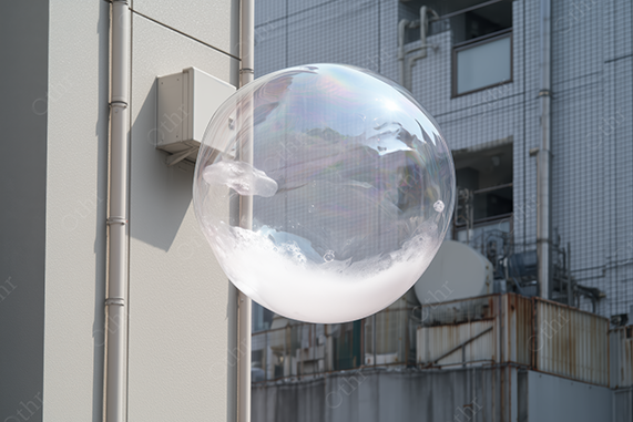 Large Transparent Soap Bubble With White Foam Floating Near Building Wall
