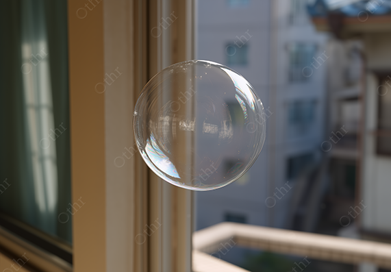 Transparent Soap Bubble Floating Indoors Near Window Frame With Blurred Cityscape