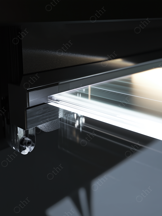 Close-Up of Glass Shelf Sliding Mechanism With Metal and Black Frame