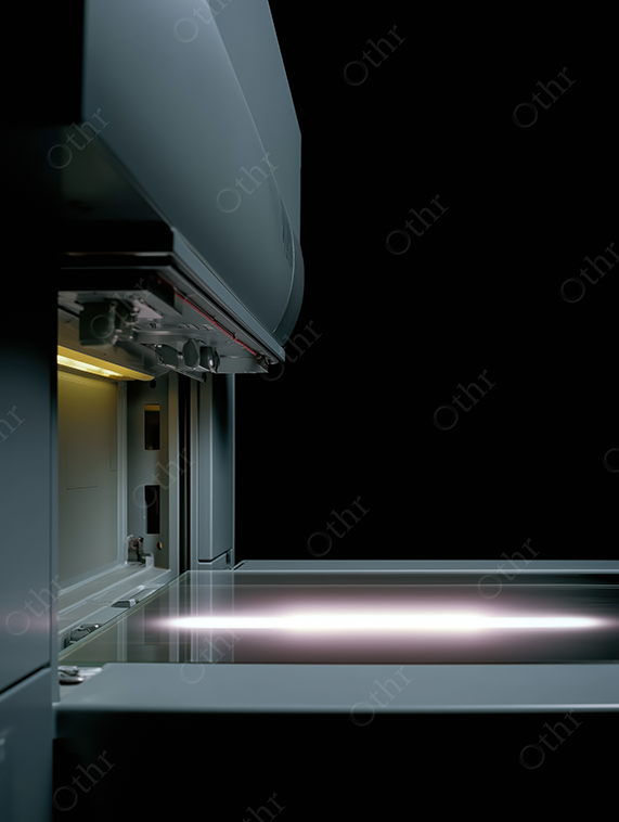 Close-Up of Copier Machine With Glass Surface and Pink Light in Dark Background