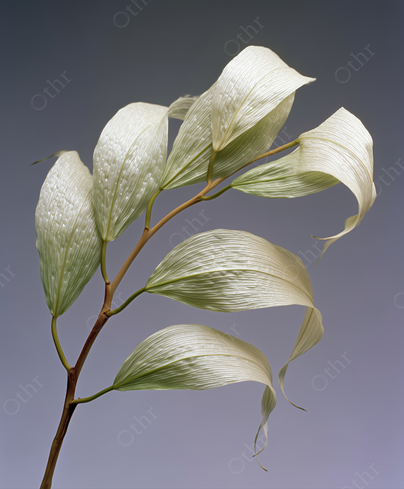 Close-Up of Light Green Textured Leaves on Branch Against Gradient Background