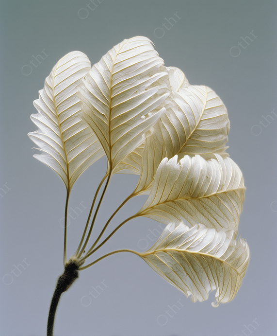 Close-Up of Delicate White Veined Leaves on Single Stem Against Gradient Background