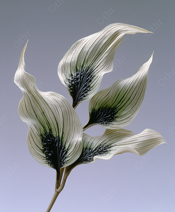 Close-Up of White and Green Textured Leaves With Dark Centres Against Gradient Background