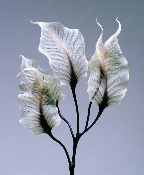 Close-Up of Delicate White and Beige Textured Leaves With Dark Stems Against Gradient Background