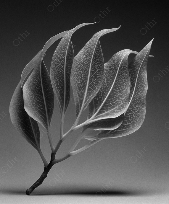 Black and White Close-Up of Textured Leaves With Vein Patterns Against Gradient Background