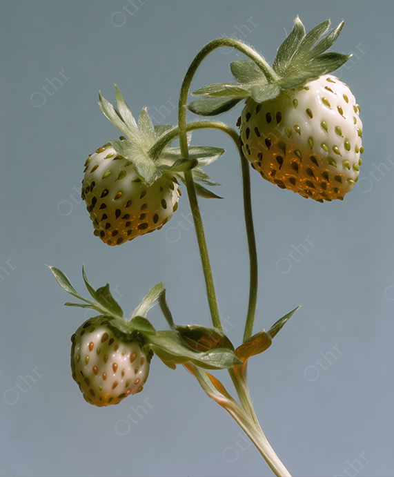 Close-Up of Unripe White Strawberries With Green Stems Against Blue Background