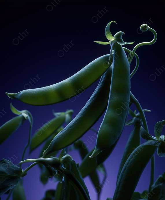 Close-Up of Green Pea Pods on Vine Against Dark Blue Gradient Background