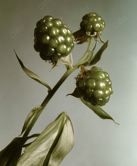Close-Up of Unripe Green Blackberries on Stem Against Soft Gradient Background