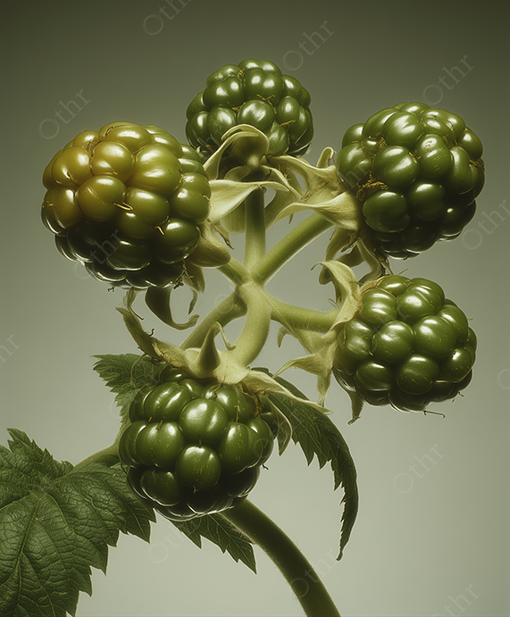 Close-Up of Cluster of Unripe Green Blackberries Against Light Green Background