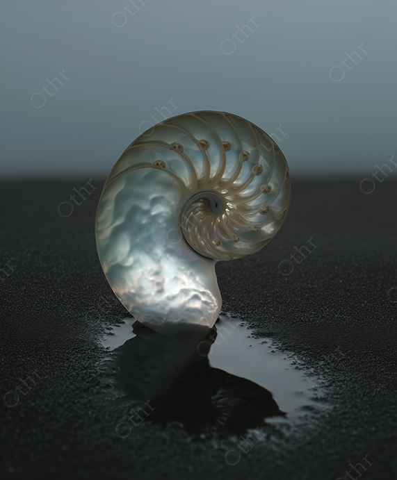 Nautilus Shell Standing on Wet Sand Against Soft Horizon