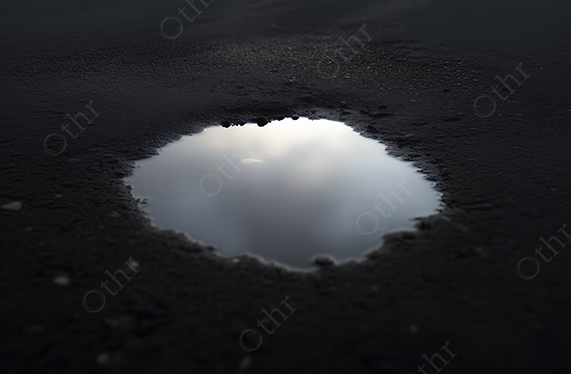 Cloudy Sky Reflected in Puddle on Dark Asphalt