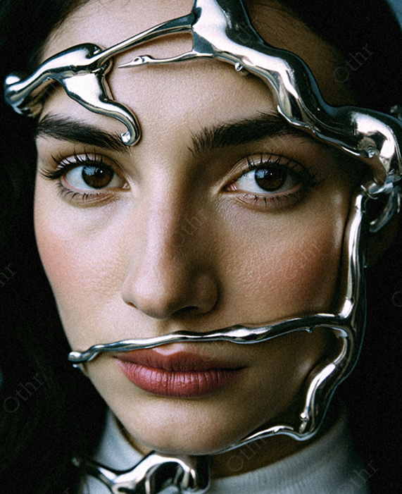 Close-Up Portrait of a Person With Metallic Face Sculpture