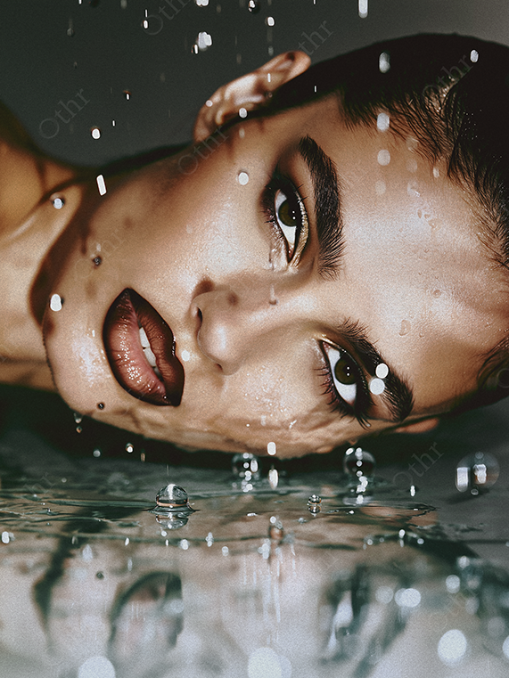 Close-Up Portrait of a Person With Wet Hair Lying on Water Surface With Droplets