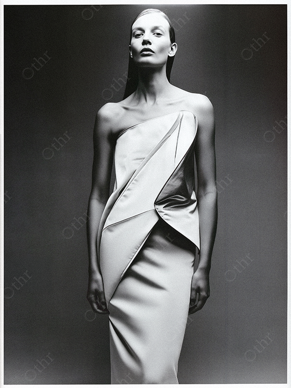 Black and White Fashion Portrait of a Person in Sculptural Strapless Dress