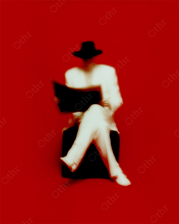 Blurred Figure in White Suit and Hat Reading Newspaper on Red Background