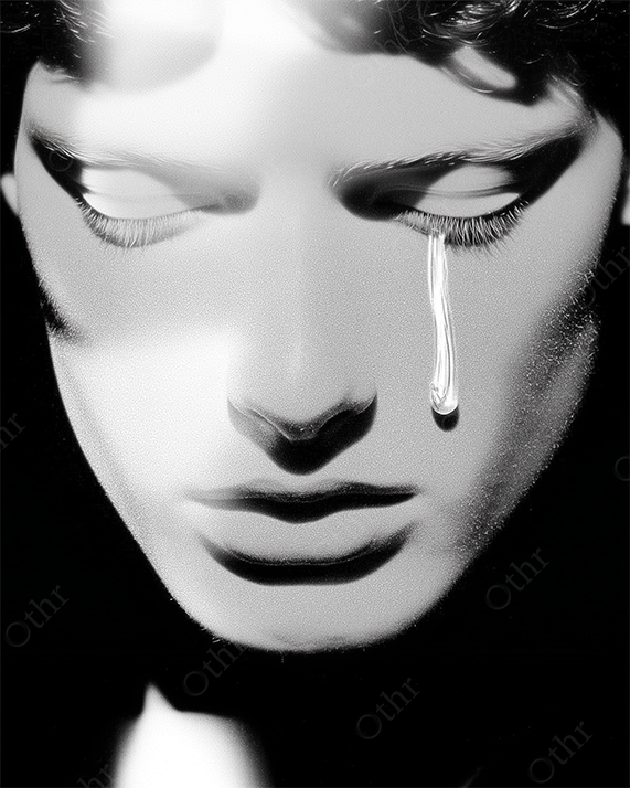 Black and White Close-Up of Face With White Tear Falling From Eye