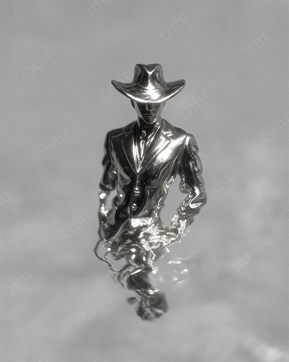 Metallic Figurine of Man in Suit and Hat With Liquid-Like Surface Texture