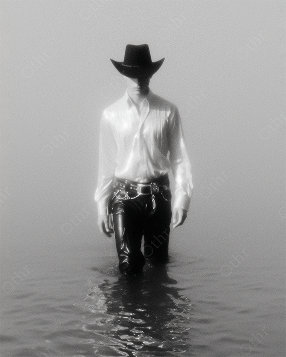 Man in Cowboy Hat and White Shirt Walking Through Water in Black and White
