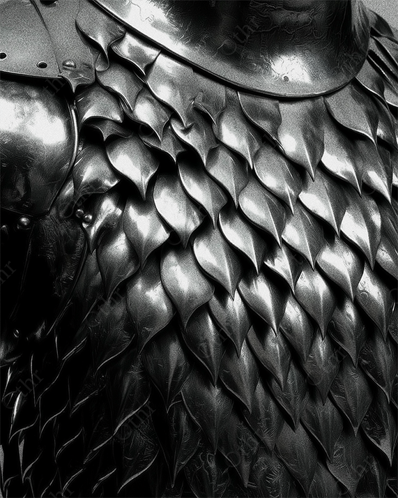Close-Up of Dark Metallic Scale Armour With Overlapping Plates