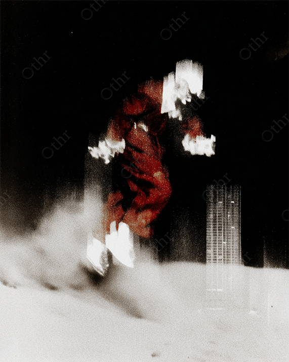 Blurred Figure in Red Suit Jumping in Cloud of Dust Against Dark Background